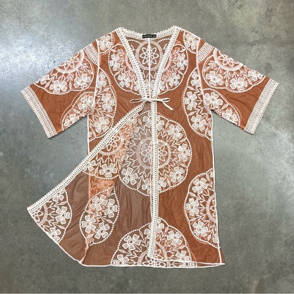 indigo Rose Tops - Ana & Rose Floral Copper Sheer Lace Open Front Kimono Duster Cardigan Boho